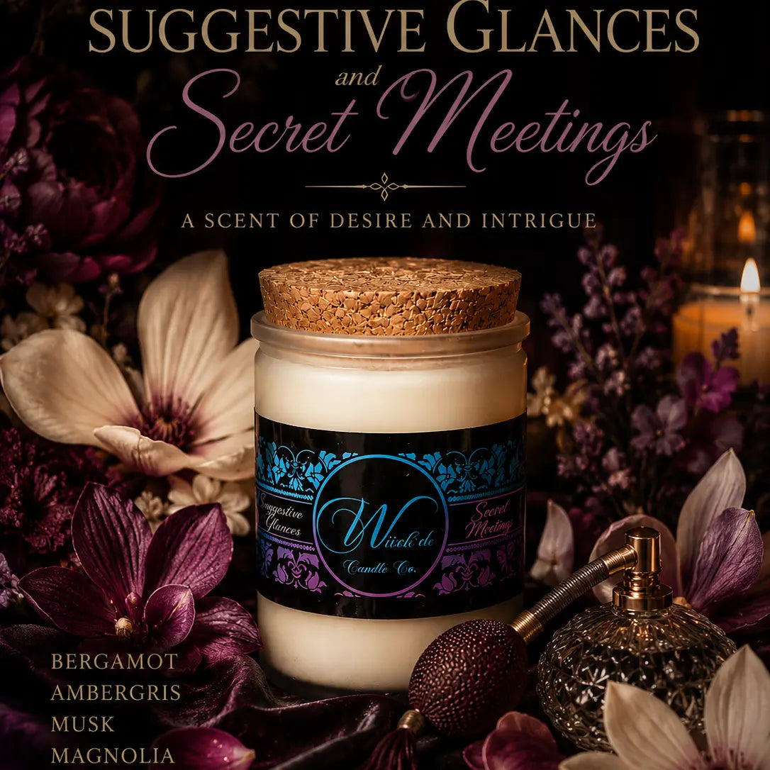 Suggestive Glances & Secret Meetings (bergamot, rose, ambergris, magnolia, luxury musk candle) Wiick'd Candle Company