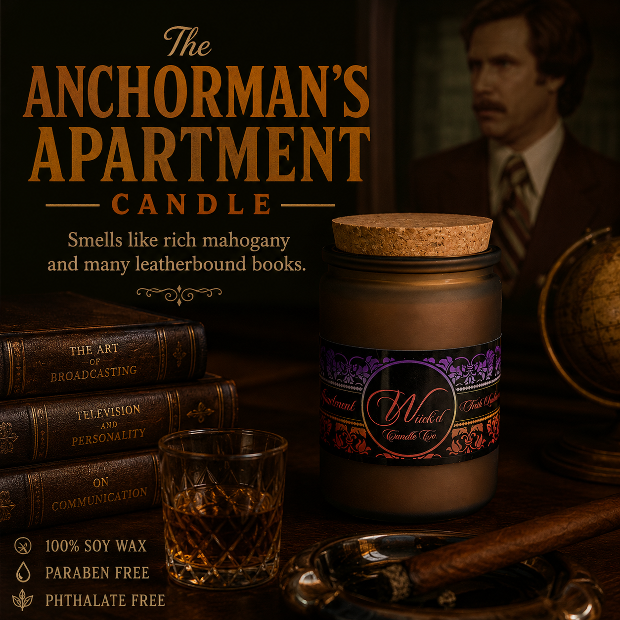 Candle labeled 'The Anchorman's Apartment' with books in the background.